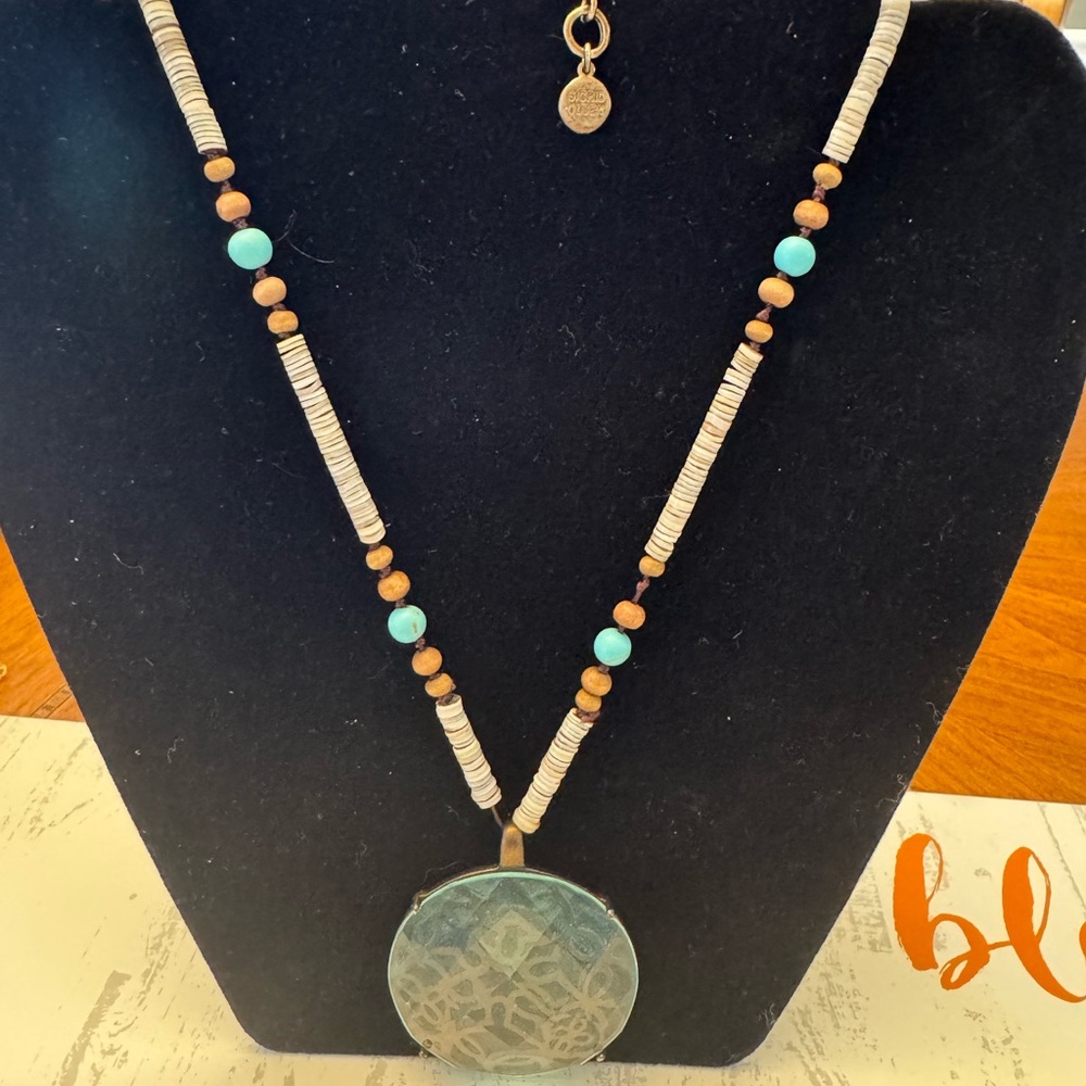 Sigrid Olsen Turquoise and Brown Bead Necklace facet-dome over metal medallion